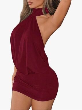 Burgundy Backless Halter Dress